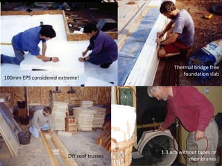 1.3 ach without tapes or
membranes
100mm EPS considered extreme!
Thermal bridge free
foundation slab
DIY roof trusses
 