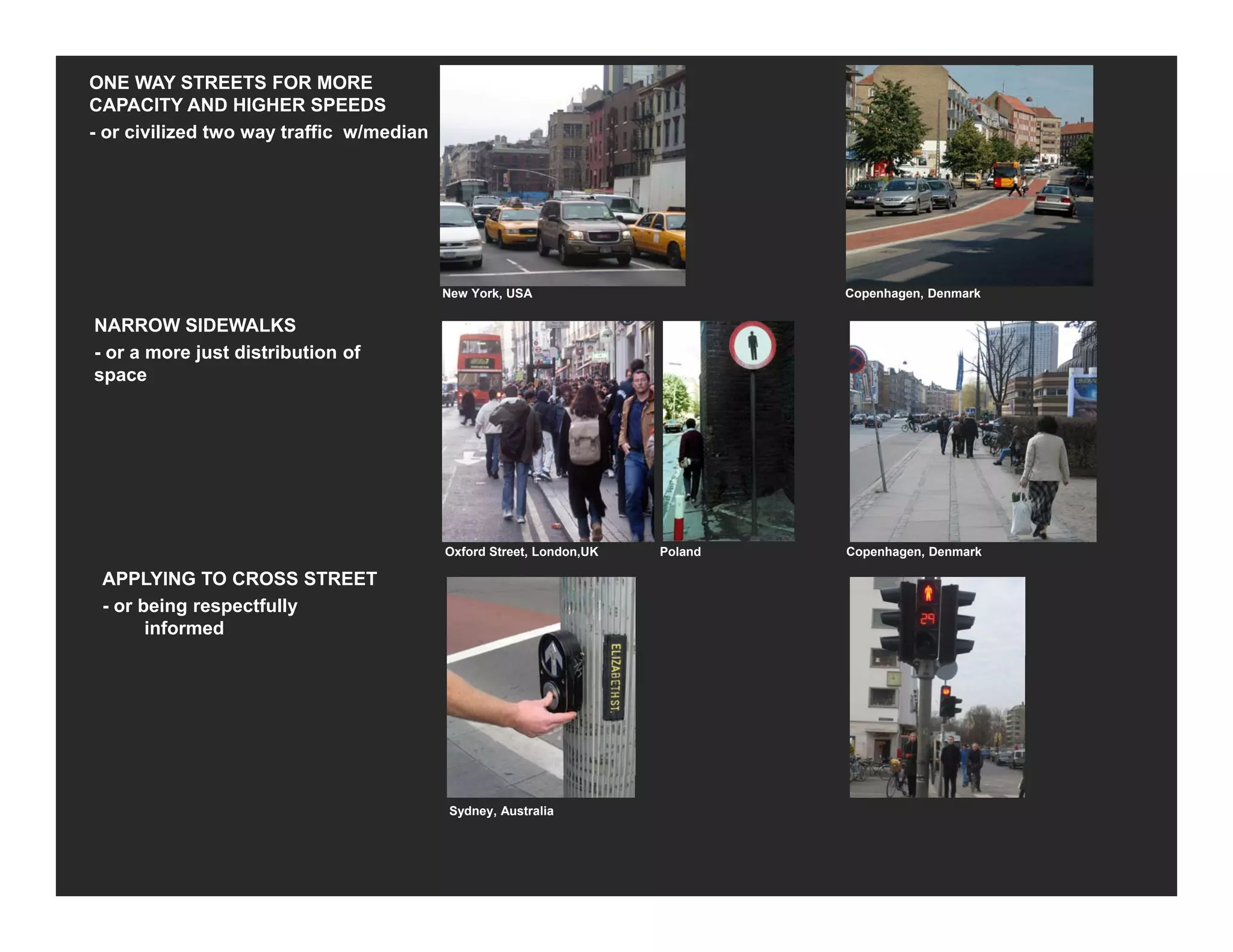 ONE WAY STREETS FOR MORE
CAPACITY AND HIGHER SPEEDS
- or civilized two way traffic w/median
New York USA Copenhagen DenmarkNew York, USA Copenhagen, Denmark
NARROW SIDEWALKS
- or a more just distribution of
space
Oxford Street, London,UK Poland Copenhagen, Denmark
APPLYING TO CROSS STREET
- or being respectfully
informed
Sydney, Australia
 