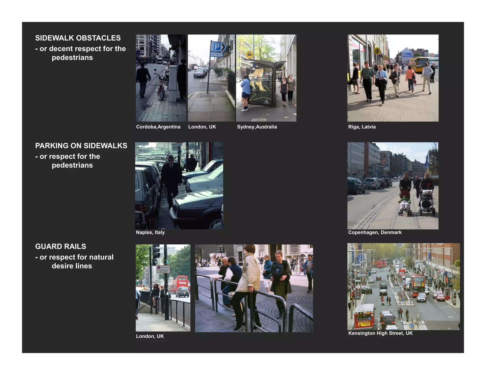 SIDEWALK OBSTACLES
- or decent respect for the
pedestrians
PARKING ON SIDEWALKS
- or respect for the
pedestrians
Riga, LatviaCordoba,Argentina London, UK Sydney,Australia
pedestrians
Naples, Italy
GUARD RAILS
- or respect for natural
Copenhagen, Denmark
or respect for natural
desire lines
Kensington High Street, UK
London, UK
 