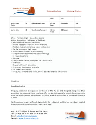 boat*       Dbl


Long Quan         36      Uper Deck Forward        02 Per      02 Queen           Yes
Suite                                              boat


Au Co Suite       40      Uper Deck Afterward      02 Per      02 Queen           Yes
                                                   boat


Note: * : Including 04 connecting cabins
Cabin Amenities: (All types of Cabins)
- Well-appointed en-suite bathroom
- Natural wooden floors hand-made furniture
- Mini bar, two complimentary water bottles daily
- Flat TV screen and DVD player
- Individually controlled air-conditioning
- Complimentary bottle of wine (01/cabin/stay)
- In-house telephone
- Hair dry
- Complimentary water thoughout the trip onboard
- Bathrobes
- Deluxe bathroom's amenities
- Emergency lighting and generator
- Life jackers and life raft
- Fire pump, hydrants and hoses, smoke detector and fire extinguisher




Services:


Food & dinning

Uniquely located on the spacious third deck of The Au Co, and designed along Feng Shui
principles, our restaurant and two bars offer the perfect spaces for guests to connect with
their surroundings while savouring an incredible array of fresh dishes or simply relaxing with
a drink.

While designed in very different styles, both the restaurant and the bar have been created
to ensure the ultimate in comfort, luxury and style.



Add : 416, Vinh Hung St, Hoang Mai Dist, Hanoi.
Tel : (84-4) 3 768 9470 - Fax: (84-4) 3 768 7604
Email : sales@vietnamcruises.asia
Website : www.vietnamcruises.asia
 