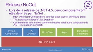 Flux NuGet pour le Framework .NET
• Accès unique
pour tous les
packages NuGet
du framework
.NET livrés par
Microsoft
–
–

...
