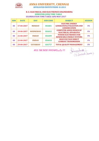 ANNA UNIVERSITY, CHENNAI
AFFILIATED INSTITUTIONS R-2013
B. E. ELECTRICAL AND ELECTRONICS ENGINEERING
SEMESTER (VIII) TIME TABLE
EXAMINATION TIME TABLE-APR-MAY-2017
ALL THE BEST FRIENDZzzZz !!!
SEM DATE DAY SUB CODE SUBJECT SESSION
08 17-04-2017 MONDAY EE6801
ELECTRIC ENERGY
GENERATION,UTILIZATION AND
CONSERVATION
FN
08 19-04-2017 WEDNESDAY EE6012
COMPUTER AIDED DESIGN OF
ELECTRICAL APPARATUS
FN
08 21-04-2017 FRIDAY EE6009
POWER ELECTRONICS FOR
RENEWABLE ENERGY SYSTEMS
FN
08 21-04-2017 FRIDAY EE6010
HIGH VOLTAGE DIRECT
CURRENT TRANSMISSION
FN
08 29-04-2017 SATURDAY GE6757 TOTAL QUALITY MANAGEMENT FN
 