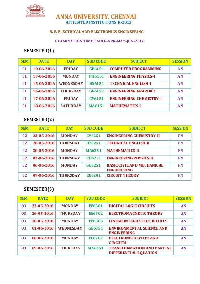 ANNA UNIVERSITY Examination Time TableApr/May/Jun2016 (R2013)