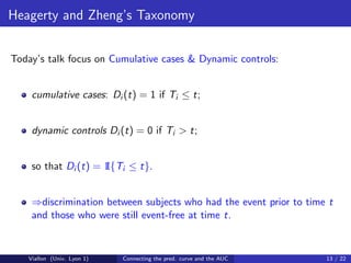 Heagerty and Zheng’s Taxonomy


Today’s talk focus on Cumulative cases & Dynamic controls:


    cumulative cases: Di (t) = 1 if Ti ≤ t;


    dynamic controls Di (t) = 0 if Ti > t;


    so that Di (t) = 1 i ≤ t}.
                     I{T


    ⇒discrimination between subjects who had the event prior to time t
    and those who were still event-free at time t.


   Viallon (Univ. Lyon 1)   Connecting the pred. curve and the AUC   13 / 22
 