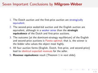 Seven Important Conclusions by Milgrom-Weber
1. The Dutch auction and the ﬁrst-price auction are strategically
equivalent.
2. The second-price sealed-bid auction and the English auction are
equivalent, although in a weaker sense than the strategic
equivalence of the Dutch and ﬁrst-price auctions.
3. The outcome (at the dominant-strategy equilibrium) of the English
and second-price auctions is Pareto optimal; that is, the winner is
the bidder who values the object most highly.
4. All four auction forms (English, Dutch, ﬁrst-price, and second-price)
lead to identical expected revenues for the seller.
5. Revenue equivalence result (Theorem 1 in next slide).
4 / 40
 