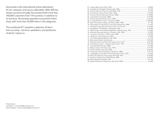 Auctionata is the international online destination
for art, antiques, and luxury collectibles. With 200 live
stream auctions annually, Auctionata thrills more than
140,000 customers from 114 countries. In addition to
its auctions, Auctionata operates a successful online
shop, with more than 25,000 items in 20 categories.
The Lookbook nº1 presents a selection of items
from our shop – the form, aesthetics, and perfection
of which, inspire us.
Press contact
Luisa Elster | luisa.elster@auctionata.com
Elina Vorobjeva | elina.vorobjeva@auctionata.com
01. Lalique, black Turtle, Vase, 1970s ............................................................................................... € 4 860
02. Ingo Maurer, Headlight, Pendant Light, 1968 ........................................................................... € 2 520
03. Frank o. Gehry for Knoll, Face off Table, 1992 ......................................................................... € 4 190
04. carl Auböck, classic Flower Table, 1950s ................................................................................. € 6 290
05. Vincenzo Gemito, narcissus, bronze, 1880s ........................................................................... € 10 800
06. Jacob Frères, commode, 1800s ............................................................................................... € 37 980
07. Empire Style chandelier, France, 1890s .................................................................................. € 18 570
08. A. Lange & Söhne, Lange 1 Tourbillon, 2000s ..................................................................... € 100 000
09. Vase in the Style of Lalique with Dance Motif, 1930s ............................................................... € 1 740
10. Jaime Hayon for Gaia & Gino, Grid, Silver-Plated Vase, 2008 ................................................. € 1 010
11. cinnabar Lacquer box and cover, china, 19th
century ......................................................... € 12 000
12. Ilja Kabakow, The Window, Lithography, 1982 ....................................................................... € 14 900
13. Pablo Picasso, Two children Playing and a Woman Lying, 1953 .......................................... € 19 500
14. Gold with Diamonds brooch or Pendant, USA, 1920s ............................................................. € 9 900
15. Li Luming, Ying Yanzi in 1960’s, china, 2007 ........................................................................... € 18 930
16. Jeff Koons, Goat champions, 2004 ............................................................................................ € 4 000
17. Tea Trolley with Red Wheels, Italy, 1980s ................................................................................... € 3 110
18. Ruby Ground bowl, Qing Dynasty ............................................................................................ € 22 600
19. Venus & cupid, Ivory Group of Figures, Austria, 1817 ........................................................... € 65 550
20. Jack Pierson, ocean + 1st (pink cape), Acrylic, 1995 ............................................................. € 27 200
21. Louis XVI Style Armchair, 1800s .................................................................................................. € 2 500
22. Maison Jansen, Palm Tree Lamp, 1970s ................................................................................... € 12 140
23. cartier, Panthère, Ear clips, 2000 ............................................................................................ € 20 400
24. Throw with Suzani Embroidery, Uzbekistan, 1880s ................................................................ € 10 710
25. Ludwig Mies van der Rohe for Knoll, barcelona chair, 1929 ................................................... € 9 660
26. Rolex, Pre-Daytona chronograph, Ref. 6238, 1965 ............................................................... € 25 000
27. Audemars Piguet, Royal oak offshore, 2005 ......................................................................... € 20 920
28. Elsa Schiaparelli, bracelet, 1956 .................................................................................................. € 2 730
29. Paloma Picasso for Tiffany & co., Ear Studs, 1990s .................................................................. € 3 620
€ 4 860
€ 2 520
€ 4 190
€ 6 290
€ 10 800
€ 37 980
€ 18 570
€ 100 000
€ 1 740
€ 1 010
€ 12 000
€ 14 900
€ 19 500
€ 9 900
€ 18 930
€ 4 000
€ 3 110
€ 22 600
€ 65 550
€ 27 200
€ 2 500
€ 12 140
€ 20 400
€ 10 710
€ 9 660
€ 25 000
€ 20 920
€ 2 730
€ 3 620
 