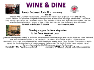 ActivitiesSingle Process Color w/ Becca and Cut w/ Fiona at diPietro Todd Item 31 If one could sum up the philosophy of diPietro Todd Salon, it would be just one word: PASSION! More than anything, diPietro Todd wants clients to feel comfortable at the Salon. That means using creativity and expertise to make your hair express your style, whether it's chic or cheeky. Style is very much a personal thing - the staff is living proof! Treat yourself at the  Birch Avenue location!Donated by diPietro Todd                     	                   No Expiration DateValue:  $175           Opening Bid:  $80           Bid Steps:  $5  Three 45-minute Golf Lessons with Bob StevensItem 37             Here is your chance to get ready for some time on the Links.  Three 45-minute golf                 lessons from 2-time Stanford Club Champion Bob Stevens will be held at the                            Stanford Driving Range at a mutually agreeable time and date.   	Donated by Bob Stevens		                     Expires 12/13/10Value:  $100           Opening Bid:  $100           Bid Steps:  $10  Can You Be the Tiger Woods of Mini-Golf at Malibu Grand Prix? Item 39Make a date to play a round of mini-golf at Malibu Grand Prix in 			           Redwood City.  This item is for 8 admissions for family and friends.  The 			              18-hole miniature golf courses present a challenge for any age. Lush 				greens, wild waterfalls and wacky windmills are just a few of the 			                     obstacles that stand between you and mini-golf immortality. Donated by Malibu Grand Prix		                   Expires 12/31/10Value:  $64           Opening Bid:  $30          Bid Steps:  $5