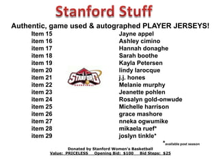ActivitiesGiants Opening Day 2010 Tickets      Item 2			Friday, April 10, 2010, vs. AtlantaCheck out that picture taken right from the actual seats!  These are EXCELLENT 			    seats.  Lower Box section 119 (between home plate and the Giants dugout), row 		  Row 27, seats 13 and 14—these are right on the aisle and in foul ball territory! 				       You might even get a visit from Lou Seal!Donated by Friends of Stanford Women’s BasketballValue:  $156           Opening Bid:  $110           Bid Steps:  $10   Giants Four AAA Club Level Tickets plus Preferred Parking   Item 3Monday, April 26, 2010 vs. National League Champions Phillies          These are some of the best seats in the house at AT&T Park!           On the very exclusive AAA Club Level, in section 208, you will           have access to concessions and bathrooms that are open only             to those sitting in the Club Level. These seats are amazing,         Overlooking first base—the picture is taken from the actualseats.        You will be spoiled forever after sitting here! This package includes                     FOUR tickets and parking in the preferred lot!                                   Donated by Debbie UplandValue:  $370           Opening Bid:  $225           Bid Steps:  $10   