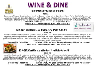 ActivitiesBounce Off the Walls at Sky High SportsItem 7Located in Santa Clara, Sky High Sports is a unique trampoline fun center.  This item, for four one-hour passes, will let you use the facility that has been designed and created for one purpose:  HAVE FUN! Come and improvise! 	Whether you flip forward or flip backward, you will definitely flip out for Sky High Sports! You can free-bounce and do tricks all day As long as you like to bounce, Sky High Sports is for you. Unlike home trampolines, theirs have specially designed spring-loaded frames, solanding has more give. All frames and springs are covered by 2 inch thick safety pads. With 360 degrees of trampoline walls, there's no falling off!Donated by Sky High Sports	Valid Monday through Thursday only.  No Expiration DateValue:  $36           Opening Bid:  $15           Bid Steps:  $5   Gilroy Gardens—One Day Admission for TwoItem 30Gilroy Gardens Family Theme Park has over 40 rides, gardens and exhibits. Rides  include the Quicksilver Express Mine Coaster , South County Backroads and Gilroy Gardens' very own railroad. Exhibits include a collection of world famous Circus  Trees, a rock maze, and the learning sheds. All of the park's rides and attractions were built around a beautifully designed landscape featuring many different varieties of trees, flowers, water elements and rock formations. The Park also has six majestic gardens that are manicured to display the best in landscape architecture.  Great for Kids and Adults!Donated by Gilroy Gardens                  Expires 11/28/10.  Not valid during Holiday Lights event 				                                              in December.Value:  $86           Opening Bid:  $40           Bid Steps:  $5 