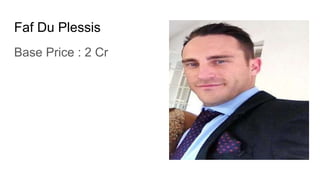 Faf Du Plessis
Base Price : 2 Cr
 