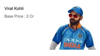 Virat Kohli
Base Price : 2 Cr
 