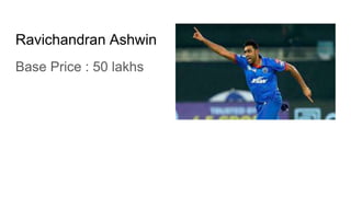 Ravichandran Ashwin
Base Price : 50 lakhs
 