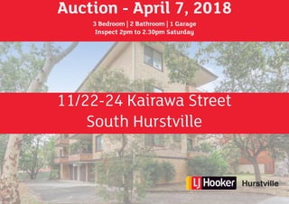 Auction - April 7, 2018
3 Bedroom | 2 Bathroom | 1 Garage
Inspect 2pm to 2.30pm Saturday
11/22-24 Kairawa Street
South Hurstville
 