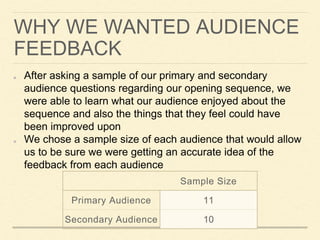 WHY WE WANTED AUDIENCE
FEEDBACK
After asking a sample of our primary and secondary
audience questions regarding our opening sequence, we
were able to learn what our audience enjoyed about the
sequence and also the things that they feel could have
been improved upon
We chose a sample size of each audience that would allow
us to be sure we were getting an accurate idea of the
feedback from each audience
Sample Size
Primary Audience 11
Secondary Audience 10
 
