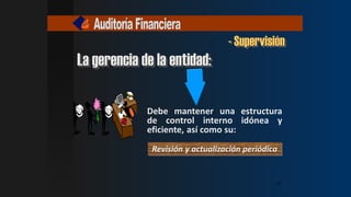 Debe mantener una estructura
de control interno idónea y
eficiente, así como su:
- Supervisión
La gerencia de la entidad:
Revisión y actualización periódica
17
17
17
17
 
