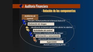 Ambiente de
control
Supervisión
Evaluación de riesgos
Actividades de control
Información y comunicación
Identificación de factores que podrían afectar los objetivos
Prevención y neutralización de los riesgos
Información oportuna y periódica
Filosofía y Actitud positiva de la Gerencia hacia el CI
Revisión y actualización del SCI
- Relación de los componentes
18
18
18
18
 
