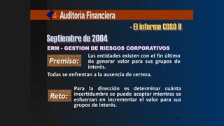 - El informe COSO II
Las entidades existen con el fin último
de generar valor para sus grupos de
interés.
ERM - GESTION DE RIESGOS CORPORATIVOS
Para la dirección es determinar cuánta
incertidumbre se puede aceptar mientras se
esfuerzan en incrementar el valor para sus
grupos de interés.
Todas se enfrentan a la ausencia de certeza.
Premisa:
Reto:
Septiembre de 2004
19
19
19
19
 