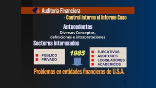 3
Antecedentes
Diversos Conceptos,
definiciones e interpretaciones
PUBLICO
PRIVADO
EJECUTIVOS
AUDITORES
LEGISLADORES
ACADEMICOS
- Control interno el informe Coso
3
3
3
3
Sectores interesados
3
3
3
3
 