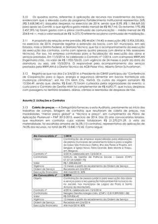 3.10 Os quadros acima, referentes à aplicação de recursos nos investimentos da bacia,
evidenciam que o elevado custo do programa Fortalecimento Institucional representou 26%
(R$ 3.658.340,41) daquelas despesas no exercício de 2014, sendo que 8,5% (R$ 1.184.669,55)
para apoio ao Comitê, o que significa gasto médio mensal de R$ 98,7 mil. Os restantes 17% (R$
2.457.395,16) foram gastos com o plano continuado de comunicação – média mensal de R$
204,8 mil —, mais o valor residual de R$ 16.275,70 referente ao plano continuado de mobilização.
3.11 A propósito da relação entre previsão (R$ 44.604.174,40) e execução (R$ 13.906.533,80),
no exercício de 2014, impende registrar a extensão da bacia, com 521 municípios, em seis
Estados, mais o Distrito Federal. A Diretoria Técnica, que faz o acompanhamento da execução
da execução dos contratos, conta com apenas quatro pessoas (um diretor e três assessores
técnicos). Por isso, há empresa contratada para a fiscalização da execução das obras e
serviços prestados. Em 11/3/2014, foi celebrado o Contrato nº 1/2014, com a empresa IRRIPLAN
Engenharia Ltda., no valor de R$ 1.933.726,03, com vigência de 24 meses a partir da data da
assinatura, ou seja, até 10/3/2016. O responsável pelo acompanhamento dos serviços
prestados pela IRRIPLAN é o Diretor Técnico da AGB Peixe Vivo, Alberto Simon Schvartzman.
3.12 Registra-se que nos dias 2 e 3/4/2014, o Presidente do CBHSF participou da “Conferência
de Cooperação para a água, energia e segurança alimentar em bacias fronteiriças sob
mudanças climáticas”, em Ho Chi Minh City, Vietnã. Os custos da viagem somaram R$
13.354,49, sendo que, destes, R$ 8.661,72 foram custeados pelos organizadores do evento; o
custo para o Contrato de Gestão ANA foi complementar de R$ 4.692,77, que incluiu despesas
com passagens no território brasileiro, diárias, câmbio e reembolso de despesas de táxi.
Assunto 2: Licitações e Contratos
3.13 Coleta de preços — A Delegatária forneceu a esta Auditoria, previamente ao início dos
trabalhos de campo, listagem de contratos que resultaram de coleta de preços, nas
modalidades “menor preço global” e “técnica e preço”, em cumprimento do Plano de
Aplicação Plurianual – PAP 2013-2015, exercício de 2014. Dos 23 atos convocatórios listados,
que resultaram em contratos cujos valores totalizaram R$ 21.270.271,29, à vista da
materialidade, foi escolhida amostra de 56,5% (13 contratos), representativa da aplicação de
74,5% dos recursos, no total de R% 15.840.172,42. Como segue:
Ato Convocatório nº 1/2014
Objeto Contratação de empresa especializada para elaboração
de planos municipais de saneamento básico para a região
do baixo São Francisco (Telha, Ilha das Flores e Propria, em
Sergipe; e Igreja Nova, Feira Grande, Belo Monte e Traipu,
em Alagoas.
Contrato nº 5/2014, celebrado em 13/5/2014
Contratada Instituto de Gestão de Políticas Sociais – Gesois (CNPJ
07.571.815/0001-70)
Valor R$ 1.208.606,04
Vigência 12 meses a partir do recebimento da Ordem de Serviço
Ordem de Serviço Recebida em 2/6/2014
Execução financeira Até mar/2015: 30%
Ato Convocatório nº 3/2014
Objeto Contratação de pessoa jurídica para execução das obras
e serviços para a recuperação hidroambiental na bacia do
rio Jacaré, nos municípios de Lagoa da Prata e Santo
Antonio do Monte/MG.
Contrato nº 6/2014, celebrado em 13/5/2014
Contratada Neogeo Geotecnologia Ltda. (CNPJ 12.819.899/0001-58)
Valor R$ 559.836,42
Vigência 12 meses a partir do recebimento da Ordem de Serviço
Ordem de Serviço Recebida em 2/6/2014
Execução financeira Até mar/2014: 80%
 