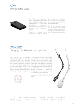 143
CMX382
Hanging condenser microphone
The CMX382 is a hanging
condenser microphone with a slim
and miniature design. It is designed
to offer versatile solutions for sound
reinforcement or recording systems
in a wide variation of applications.
Typical applications range from
speech in meeting or conference
rooms to music in houses of worship,
orchestra’s, choirs and many others.
The tailored frequency response
guarantees a rich, clear and
sensitive sound reproduction while
the cardioid directivity characteristic
eliminates feedback and unwanted
noise. The included spiral hanging
bracketmakesoverheadsuspension
possible above conference tables,
choirs, orchestra’s, ... while the
flexing gooseneck structure allows
a highly accurate positioning.
Available in black (/B) and white
(/W).
sponce dB Ref 1v/PA
500 1k 2k 5k 10k 20k
30°330°
300° 60°
90°270°
240° 120°
150°210°
180°
0°
Type Polar pattern Impedance Max SPL Sensitivity Dimensions Weight
CMX382
Back electret
condenser
Cardioid 200 Ω 130 dB 42 dB +- 3 dB Ø 13.5 x 160 mm 100 g
Microphone base
APM
The APM is a microphone
base, designed to be used
with the CMX series gooseneck
microphones (or any other
gooseneck microphone
with XLR connector) on any
amplifier with microphone
inputs.
There’s a female XLR
connector on top to mount
the gooseneck microphone
and a male XLR connector
at the back to connect the
microphone cable.
The APM microphone base
is very stable and features
the same design as the APM
paging microphones to blend
fully with the other equipment.
CMX382
APM
 