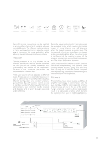 55
Each of the input connections can be patched
to any amplifier channel and contains software
controllable gain. The different implementations
of the in- and output connectors allow the easiest
way of connection for every application, while
allowing signal linkthrough to other amplifiers.
Protection
Optimal protection is not only required for the
listeners’ satisfaction, but can also be important
for complying to the imposed regulations and
guaranteeing the lifetime of the equipment.
Because of this, protection precautions are
implemented in different ways.
Firstly, user access is made possible on different
levels. The device can be blocked or accessed in
user or administrator level. Different levels allow
different configuration and control functions,
giving limited (Eg: only volume) control access
to standard users and full configuration control to
administrators. User restriction can be enabled
and disabled and is given through password
and/or USB-key.
Secondly, equipment protection is implemented
by an output limiter which monitors the output
power of every channel and will intervene
when the output exceeds a certain level. The
corresponding level can be software configured
and is indicated in Watts. When the output limiter
is configured at the maximum power of the
speaker, you can rest assured that the speakers
won’t be blown during your absence.
Lastly, the maximum volume for every channel
can be set independently. This prevents users
(having volume access) going over the limit.
This can help you to keep the system compliant
with imposed regulations and maintain the good
relationship with the neighbours.
Efficiency
The switching mode power supply and Class-D
amplifier technology in combination with the
auto-standby mode for each separate amplifier
channel brings an end to the era of the power-
hungry amplifiers. In addition, these features also
result in a lightweight amplifier which benefits
the customer when used in mobile applications.
7-Band
EQInput Matrix
Time
Alignment Lockable
Speaker
Protection
Dynamic
Bass
Speaker
Presets
Energy
EfficiencyLimiter
Digital
Audio Filters
Input 1
Input 2
Input 3
Input 4
OFFANALOGUE
GAIN
INPUT SELECT
Level
AMP
TEMP
CPU
DSP
VU READ
RS232
Front
USB
ADC
ADC
ADC
ADC
ADC
ADC
FUNCTION
Prot
Clip
-20dB
Sig
CH1 CH2
POWER
ON
SMA750
AUDAC
7 Band
EQ
Time
Alignment
Speaker
Protection
Speaker
Presets
Dynamic
BassLimiter
Digital
Audio Filters
CHANNEL 1
CHANNEL 2
CHANNEL 3
CHANNEL 4
DAC
 