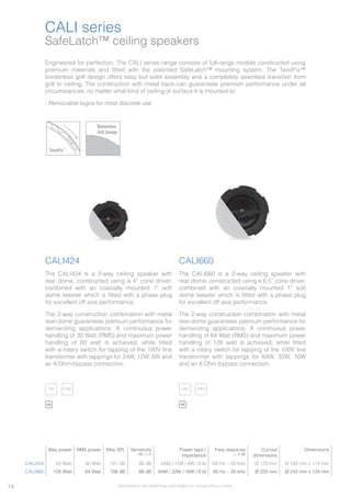 SafeLatch™ ceiling speakers
CALI series
Max power RMS power Max SPL Sensitivity
1W / 1 m
Power taps /
impedance
Freq response
+- 3 dB
Cut-out
dimensions
Dimensions
CALI424 60 Watt 30 Watt 101 dB 86 dB 24W / 12W / 6W / 8 Ω 105 Hz – 20 kHz Ø 170 mm Ø 192 mm x 114 mm
CALI660 128 Watt 64 Watt 106 dB 88 dB 64W / 32W / 16W / 8 Ω 65 Hz – 20 kHz Ø 220 mm Ø 242 mm x 124 mm
Engineered for perfection. The CALI series range consists of full-range models constructed using
premium materials and fitted with the patented SafeLatch™ mounting system. The TwistFix™
borderless grill design offers easy but solid assembly and a completely seamless transition from
grill to ceiling. The construction with metal back-can guarantees premium performance under all
circumstances, no matter what kind of ceiling or surface it is mounted to.
- Removable logos for most discrete use
Borderless
Grill Design
TwistFix™
CALI424
The CALI424 is a 2-way ceiling speaker with
rear dome, constructed using a 4” cone driver,
combined with an coaxially mounted 1” soft
dome tweeter which is fitted with a phase plug
for excellent off axis performance.
The 2-way construction combination with metal
rear-dome guarantees premium performance for
demanding applications. A continuous power
handling of 30 Watt (RMS) and maximum power
handling of 60 watt is achieved, while fitted
with a rotary switch for tapping of the 100V line
transformer with tappings for 24W, 12W, 6W and
an 8 Ohm bypass connection.
CALI660
The CALI660 is a 2-way ceiling speaker with
rear dome, constructed using a 6.5” cone driver,
combined with an coaxially mounted 1” soft
dome tweeter which is fitted with a phase plug
for excellent off axis performance.
The 2-way construction combination with metal
rear-dome guarantees premium performance for
demanding applications. A continuous power
handling of 64 Watt (RMS) and maximum power
handling of 128 watt is achieved, while fitted
with a rotary switch for tapping of the 100V line
transformer with tappings for 64W, 32W, 16W
and an 8 Ohm bypass connection.
100VV100V100V100V100V100V100V100V100V 100VV100V100V100V100V100V100V100V100V8 OhmOh8 Oh8 Oh8 Oh8 Oh8 Oh8 Ohmmmmmm8 Ohm8 Ohm 8 OhmOh8 Oh8 Oh8 Oh8 Oh8 Oh8 Ohmmmmmm8 Ohm8 Ohm
/W /W
14 Specifications are preliminary and subject to change without notice.
 