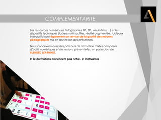 COMPLEMENTARITE 
Les ressources numériques (infographies 2D, 3D, simulations,…) et les 
dispositifs techniques (tables multi tactiles, réalité augmentée, tableaux 
interactifs) sont également au service de la qualité des moyens 
pédagogiques mis en oeuvre lors des présentiels. 
Nous concevons aussi des parcours de formation mixtes composés 
d’outils numériques et de sessions présentielles, on parle alors de 
BLENDED LEARNING.. 
Et les formations deviennent plus riches et motivantes 
 