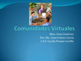 Comunidades Virtuales Mtra. Irma Gutiérrez Dra. Ma. Luisa Gómez García L.E.F. Cecilia Posada Carrillo 