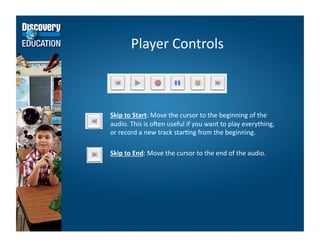 Creating a Podcast with GarageBand Create a new podcast project Record your voice in a Real instrument track (or, use the Male Voice or Female Voice track) Add music, jingles, stingers, and sound effects Show the podcast track Add chapter markers and titles Add artwork, URLs, and URL titles Share the podcast by sending it to iTunes or iWeb or exporting it to disk 