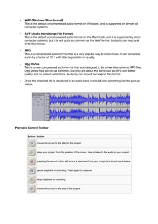 • WAV (Windows Wave format)
This is the default uncompressed audio format on Windows, and is supported on almost all
computer systems.
• AIFF (Audio Interchange File Format)
This is the default uncompressed audio format on the Macintosh, and it is supported by most
computer systems, but it is not quite as common as the WAV format. Audacity can read and
write this format.
• MP3
This is a compressed audio format that is a very popular way to store music. It can compress
audio by a factor of 10:1 with little degradation in quality.
• Ogg Vorbis
This is a new compressed audio format that was designed to be a free alternative to MP3 ﬁles.
Ogg Vorbis ﬁles are not as common, but they are about the same size as MP3 with better
quality and no patent restrictions. Audacity can import and export this format.
• Once the imported ﬁle is displayed in an audio track it should look something like the picture
below.
Playback Control Toolbar
 