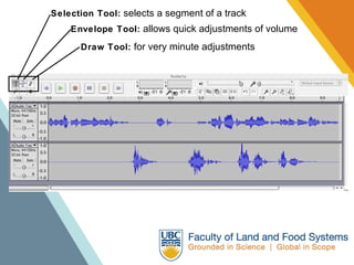 Selection Tool:  selects a segment of a track Envelope Tool:  allows quick adjustments of volume Draw Tool:  for very minute adjustments 