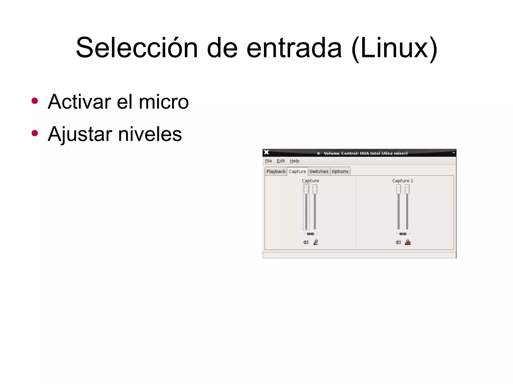 Selección de entrada (Linux) Activar el micro  Ajustar niveles 