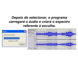 INICIAR UM PROJETO
Depois de selecionar, o programa 
carregará o áudio e criará o espectro 
referente à escolha.
 