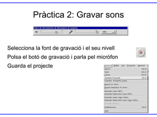 Pràctica 2: Gravar sons

Selecciona la font de gravació i el seu nivell
Polsa el botó de gravació i parla pel micròfon

Guarda el projecte

 