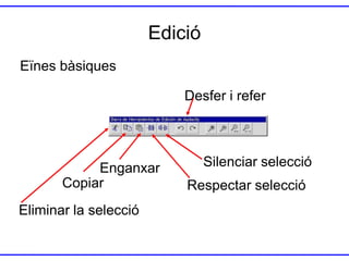 Edició
Eïnes bàsiques
Desfer i refer

Enganxar
Copiar

Eliminar la selecció

Silenciar selecció
Respectar selecció

 