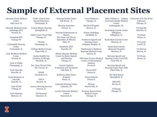Sample of External Placement Sites
Advocate Christ Medical
Center
Oak Lawn, IL
Advocate Medical Group
Audiology/ENT
Normal, IL
Campbell ENT
Granger IN
Carbondale Hearing
Center
Carbondale, IL
Carle BroMenn Medical
Center
Normal, IL
Carle @ Fields
Champaign, IL
Carle Danville
Danville, IL
Carle/Brohmen in
Danville
Danville, IL
Carle ECHO
Urbana, IL
Carle Mattoon
Mattoon, IL
CASE: Central Area
Special Education
Champaign, IL
Central Illinois Hearing
Springfield, IL
Child’s Voice Wood Dale
Chicago, IL
Christie
Champaign, IL
DuPage Medical Group
Naperville, IL
(Amita Health) Ear
Institute of Chicago
Hinsdale, IL
Ear, Nose Throat Clinic
Mt. Vernon, IL
EIASE
Charleston, IL
ENTA
Decatur, IL
Geneva Hearing Services
Geneva, IL
GN Resound
Glenview, IL
Hearing Health Center
Oak Brook , IL
Hearing Associates
Gurnee, IL
Hearing Professionals of
Illinois
(Ear Nose and Throat
Specialists of Illinois)
Niles, IL
Hendricks ENT
Danville, IN
Illinois Masonic Medical
Center for Better Speech
and Hearing
Chicago, IL
Central Auditory
Evaluation and Treatment
Oak Park, IL
Katherine Shaw Betea
Hospital
Dixon, IL
Lafayette Hearing Center
Lafayette, IN
Loyola University Medical
Center
Maywood, IL
Lurie Children’s
Chicago, IL
MacNeal Hospital
Berwyn, IL
Nelson Audiology
Litchfield, IL
Northwest Speech and
Hearing Center
Arlington Heights, IL
Northwestern Medicine
Regional Medical Group
Geneva, IL
OSF Saint Francis Medical
Center/ Il Neurological
Institute
Peoria IL
Peoria ENT
Peoria IL
Peoria Schools
Peoria IL
Phonak
Warrenville, IL
Presence Resurrection
Medical Center
Chicago, IL
Riley Children’s - Indiana
University Health Medical
Center
Indianapolis, IN
Sarah Bush Lincoln Center
Effingham
Effingham, IL
Sarah Bush Lincoln Center
Mattoon, IL
Sarah Bush Lincoln
Memorial Hospital
Mattoon, IL
Sertoma Speech and
Hearing Center Crest Hill
Crest Hill, IL
Sertoma Speech and
Hearing Center Palos Hills
Palos Hills, IL
SIU Med School
Springfield, IL
SIH ENT
Herrin, IL
UChicago
Chicago, IL
University of IL Eye & Ear
Infirmary
Chicago, IL
VA Danville
Danville, IL
VA Hines
Hines, IL
VA Lovell
Lovell, IL
VA Marion
Marion, IL
VA Peoria
Peoria, IL
 