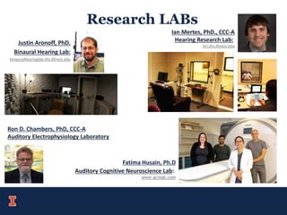 Research LABs
Justin Aronoff, PhD.
Binaural Hearing Lab:
binauralhearinglab.shs.Illinois.edu
Ian Mertes, PhD., CCC-A
Hearing Research Lab:
hrl.shs.illinois.edu
Ron D. Chambers, PhD, CCC-A
Auditory Electrophysiology Laboratory
Fatima Husain, Ph.D
Auditory Cognitive Neuroscience Lab:
www.acnlab.com
 