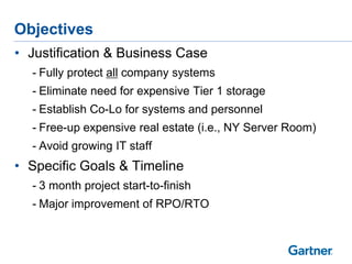 Objectives
• Justification & Business Case
- Fully protect all company systems

- Eliminate need for expensive Tier 1 storage
- Establish Co-Lo for systems and personnel
- Free-up expensive real estate (i.e., NY Server Room)
- Avoid growing IT staff

• Specific Goals & Timeline
- 3 month project start-to-finish
- Major improvement of RPO/RTO

 