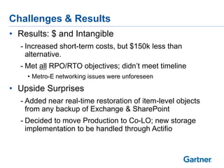 Challenges & Results
• Results: $ and Intangible
- Increased short-term costs, but $150k less than
alternative.
- Met all RPO/RTO objectives; didn’t meet timeline
• Metro-E networking issues were unforeseen

• Upside Surprises
- Added near real-time restoration of item-level objects
from any backup of Exchange & SharePoint
- Decided to move Production to Co-LO; new storage
implementation to be handled through Actifio

 