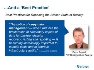…And a ‘Best Practice’
Best Practices for Repairing the Broken State of Backup
“The notion of copy data
management — which reduces the
proliferation of secondary copies of
data for backup, disaster
recovery, testing and reporting — is
becoming increasingly important to
contain costs and to improve
infrastructure agility.” 15 August 2013 G00252768

Dave Russell
VP Distinguished Analyst

 