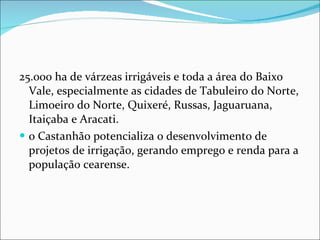 25.000 ha de várzeas irrigáveis e toda a área do Baixo Vale, especialmente as cidades de Tabuleiro do Norte, Limoeiro do Norte, Quixeré, Russas, Jaguaruana, Itaiçaba e Aracati. o Castanhão potencializa o desenvolvimento de projetos de irrigação, gerando emprego e renda para a população cearense. 