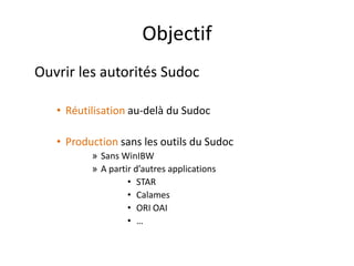 Objectif
Ouvrir les autorités Sudoc

   • Réutilisation au-delà du Sudoc

   • Production sans les outils du Sudoc
       ...