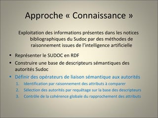 Approche « Connaissance » Exploitation des informations présentes dans les notices bibliographiques du Sudoc par des méthodes de raisonnement issues de l’intelligence artificielle Représenter le SUDOC en RDF Construire une base de descripteurs sémantiques des autorités Sudoc Définir des opérateurs de liaison sémantique aux autorités Identification par raisonnement des attributs à comparer Sélection des autorités par requêtage sur la base des descripteurs Contrôle de la cohérence globale du rapprochement des attributs 