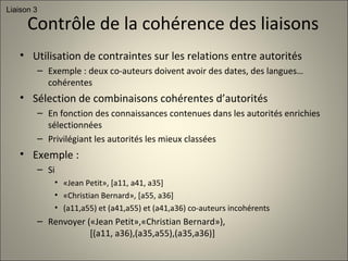 Contrôle de la cohérence des liaisons Utilisation de contraintes sur les relations entre autorités Exemple : deux co-auteurs doivent avoir des dates, des langues… cohérentes Sélection de combinaisons cohérentes d’autorités En fonction des connaissances contenues dans les autorités enrichies sélectionnées Privilégiant les autorités les mieux classées Exemple : Si «Jean Petit», [a11, a41, a35] «Christian Bernard», [a55, a36] (a11,a55) et (a41,a55) et (a41,a36) co-auteurs incohérents Renvoyer («Jean Petit»,«Christian Bernard»),    [(a11, a36),(a35,a55),(a35,a36)] Liaison 3 