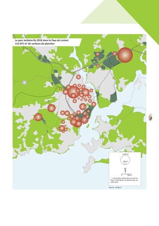 15
0
N
500 m
6 000 m²
300 m²
* Les bureaux situés dans
zone du Porzo à Kervignac
ne figurent pas sur cette carte.
Le parc tertiaire ﬁn 2016 dans le Pays de Lorient
113 071 m2 de surfaces de plancher
Source : AudéLor
* : Les bureaux situés dans la zone du
Porzo à Kervignac ne figurent pas sur
cette carte
 