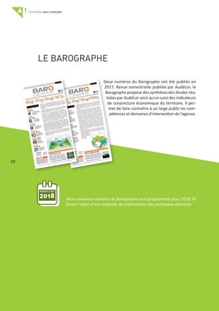 A 1 pour anticiper
28
LE BAROGRAPHE
Deux numéros du Barographe ont été publiés en
2017. Revue semestrielle publiée par AudéLor, le
Barographe propose des synthèses des études réa‐
lisées par AudéLor ainsi qu’un suivi des indicateurs
de conjoncture économique du territoire. Il per‐
met de faire connaître à un large public les com‐
pétences et domaines d’intervention de l’agence.
PERSPECTIVES
2018 deux nouveaux numéros du Barographe sont programmés pour 2018. Ils
feront l'objet d'une matinale de présentation des principaux éléments.
 