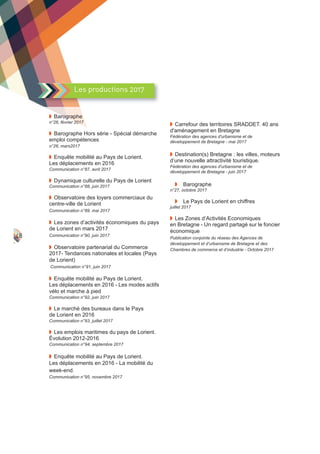 48
w Barographe
n°26, février 2017
w Barographe Hors série - Spécial démarche
emploi compétences
n°26, mars2017
w Enquête mobilité au Pays de Lorient.
Les déplacements en 2016
Communication n°87, avril 2017
w Dynamique culturelle du Pays de Lorient
Communication n°88, juin 2017
w Observatoire des loyers commerciaux du
centre-ville de Lorient
Communication n°89, mai 2017
w Les zones d’activités économiques du pays
de Lorient en mars 2017
Communication n°90, juin 2017
w Observatoire partenarial du Commerce
2017- Tendances nationales et locales (Pays
de Lorient)
Communication n°91, juin 2017
w Enquête mobilité au Pays de Lorient.
Les déplacements en 2016 - Les modes actifs
vélo et marche à pied
Communication n°92, juin 2017
w Le marché des bureaux dans le Pays
de Lorient en 2016
Communication n°93, juillet 2017
w Les emplois maritimes du pays de Lorient.
Évolution 2012-2016
Communication n°94, septembre 2017
w Enquête mobilité au Pays de Lorient.
Les déplacements en 2016 - La mobilité du
week-end.
Communication n°95, novembre 2017
w Carrefour des territoires SRADDET. 40 ans
d'aménagement en Bretagne
Fédération des agences d'urbanisme et de
développement de Bretagne - mai 2017
w Destination(s) Bretagne : les villes, moteurs
d’une nouvelle attractivité touristique.
Fédération des agences d'urbanisme et de
développement de Bretagne - juin 2017
w Barographe
n°27, octobre 2017
w Le Pays de Lorient en chiffres
juillet 2017
w Les Zones d’Activités Economiques
en Bretagne - Un regard partagé sur le foncier
économique
Publication conjointe du réseau des Agences de
développement et d’urbanisme de Bretagne et des
Chambres de commerce et d’industrie - Octobre 2017
Les productions 2017
 