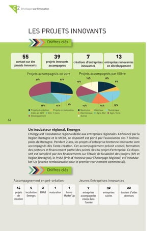 C 2 par l'innovation
LES PROJETS INNOVANTS
Un incubateur régional, Emergys
Emergys est l’incubateur régional dédié aux entreprises régionales. Coﬁnancé par la
Région Bretagne et le MESR, ce dispositif est porté par l’association des 7 Techno‐
poles de Bretagne. Pendant 2 ans, les projets d’entreprise bretonne innovante sont
accompagnés dès l’ante‐création. Cet accompagnement prévoit conseil, formation
des porteurs et ﬁnancement partiel des points clés du projet d’entreprise. Ce dispo‐
sitif est complété par des ﬁnancements sur l’étude de faisabilité des projets (BPI et
Région Bretagne), le PHAR (Prêt d’Honneur pour l’Amorçage Régional) et l’InnoMar‐
ket’Up (avance remboursable pour le premier recrutement commercial).
Chiffres clés
Chiffres clés
55
contact sur des
projets innovants
39
projets innovants
accompagnés
7
créations d’entreprises
innovantes
13
entreprises innovantes
en développement
27%
Projets de création
2%
31%
Projets en maturation
Créés en 2017 Ent. < 3 ans
Développement
Nautisme Matériaux Numérique
Électronique Agro-Mer Agro-Terre
Autres
14%26%
14% 16%
6%17%
19%14%14%
14
projets
de
création
5
incubation
Emergys
2
PHAR
1
maturation
1
Immo
Market'Up
7
entreprises
accompagnées
créées dans
l'année
22
dossiers d'aides
obtenues
32
entreprises
suivies
Projets accompagnés en 2017 Projets accompagnés par filière
Accompagnement en pré-création Jeunes Entreprises innovantes
64
 