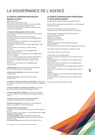 LE CONSEIL D’ADMINISTRATION 2017
Membres de droit
L’État, représenté par :
Pierre Clavreuil, sous‐préfet de Lorient
Le Directeur Départemental des Territoires et de la Mer (DDTM),
représenté par Ludovic Devernay, délégué territorial
Le Ministère de la Défense (Marine Nationale), représenté par le
contre‐amiral François Rebour
La Communauté d’Agglomération du Pays de Lorient,
représentée par son Président, Norbert Métairie et onze conseillers
communautaires :
Jo Daniel, conseiller communautaire, maire de Guidel
Jean‐Michel Bonhomme, vice‐président de Lorient Agglomération,
maire de Riantec
Marie‐Christine Detraz, vice‐présidente de Lorient Agglomération,
conseillère municipale de Lorient
Gisèle Guilbart, membre du Bureau de Lorient Agglomération, maire
de Quistinic
Joël Izar, conseiller communautaire, conseiller municipal
de Lanester
Olivier Le Lamer, vice‐président de Lorient Agglomération,
adjoint au maire de Lorient
Nathalie Le Magueresse, vice‐présidente de Lorient Agglomération,
maire de Locmiquélic
Jean‐Louis Le Masle, conseiller communautaire, maire d’Inguiniel
Ronan Loas, conseiller communautaire, maire de Ploemeur
Jean‐Paul Solaro, conseiller communautaire, adjoint au maire
de Lorient
Thérèse Thiery, vice‐présidente de Lorient Agglomération,
maire de Lanester
La Région Bretagne, représentée par Gaël Le Saout, présidente
de la commission Économie du Conseil régional
Le Département du Morbihan, représenté par son président
François Goulard
La Commune de Lorient, représentée par Tristan Douard,
adjoint au maire
La Chambre de Commerce et d’Industrie du Morbihan, représentée par
David Cabedoce, vice‐président et Thierry Maho, président de la délégation
de Lorient
La Chambre de Métiers et de l’Artisanat du Morbihan, représentée
par Jean‐Yves Hamelin, président de la délégation de Lorient
La Chambre d’Agriculture du Morbihan, représentée par Jean‐Marc
Le Clanche, président du Comité Régional de Développement Agricole
(CRDA)
Le Syndicat mixte pour le schéma de cohérence territoriale,
représenté par Patricia Kerjouan, maire de Languidic
L’Université de Bretagne Sud, représentée par son président Jean
Peeters et Guy Gogniat, vice‐président Recherche
L’Association ERELE Territoire Gagnant
représentée par son président Bertrand Hesnard et Jean‐René Duﬁef, vice‐
président
Outre les membres de droit, siègent au conseil d’administration 3 repré‐
sentants des membres actifs :
La commune de Gestel, représentée par Michel Dagorne, maire
La commune d’Inzinzac‐Lochrist, représentée par Florence Devernay,
adjointe au maire
La commune de Port‐Louis, représentée par Daniel Martin, maire
LE COMITÉ D’ORIENTATION STRATÉGIQUE
ET DE PILOTAGE (COSPI)*
Norbert Métairie, président d’AudéLor, co‐président du COSPI
Bertrand Hesnard, président de l’association ERELE, Territoire Gagnant ,
co‐président du COSPI
Pierre Clavreuil, sous‐préfet de Lorient (représenté en cas
d’absence par Ludovic Devernay, délégué territorial de la DDTM)
4 Administrateurs de l’association ERELE, Territoire Gagnant,
Jean‐René Duﬁef, vice‐président
Philippe Drian, Lautech
Anthony Le Roux, INMARES
Nathalie Le Meur, Nass & Wind
Suppléants :
Stéphane Le Teuﬀ, président de la Fédération Française du
Bâtiment‐Morbihan
Florian Moureaud, vice‐président de Lorient Compagnie des Commerces
Thierry Maho, président de la délégation lorientaise de la CCIM
Tristan Douard, adjoint au maire de Lorient
5 représentants de Lorient Agglomération
Ronan Loas, Conseiller communautaire, maire de Ploemeur, trésorier
d’AudéLor
Jean‐Michel Bonhomme, vice‐président de Lorient Agglomération,
maire de Riantec
Marie‐Christine Detraz, vice‐présidente de Lorient Agglomération,
conseillère municipale de Lorient
Olivier Le Lamer, vice‐président de Lorient Agglomération, adjoint au
maire de Lorient
Thérèse Thiery, vice‐présidente de Lorient Agglomération, maire de
Lanester
Suppléants :
Nathalie Le Magueresse, vice‐présidente de Lorient Agglomération,
maire de Locmiquélic
Jean‐Michel Jacques, conseiller communautaire délégué, maire de
Brandérion
Guy Gogniat, vice‐président Recherche de l’UBS
LA GOUVERNANCE DE L'AGENCE
9
(*) : Composition fin 2017, avant changement des statuts d’AudéLor
 