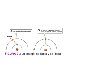 La energía impulsa al electrón
           Un electrón absorbe energía   hacia un nivel de energía superior


 energía




FIGURA 2-3 La energía se capta y se libera
 